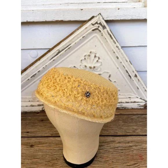 Vintage 1950s Yellow Straw Pill Box Hat Rhinestones MOD - Picture 1 of 15